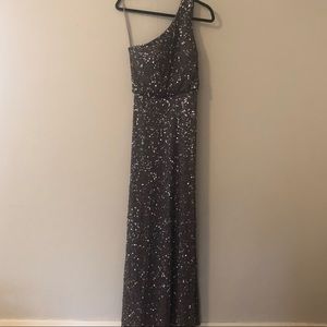Aidan Mattox One Shoulder, Grey, Sequenced Gown